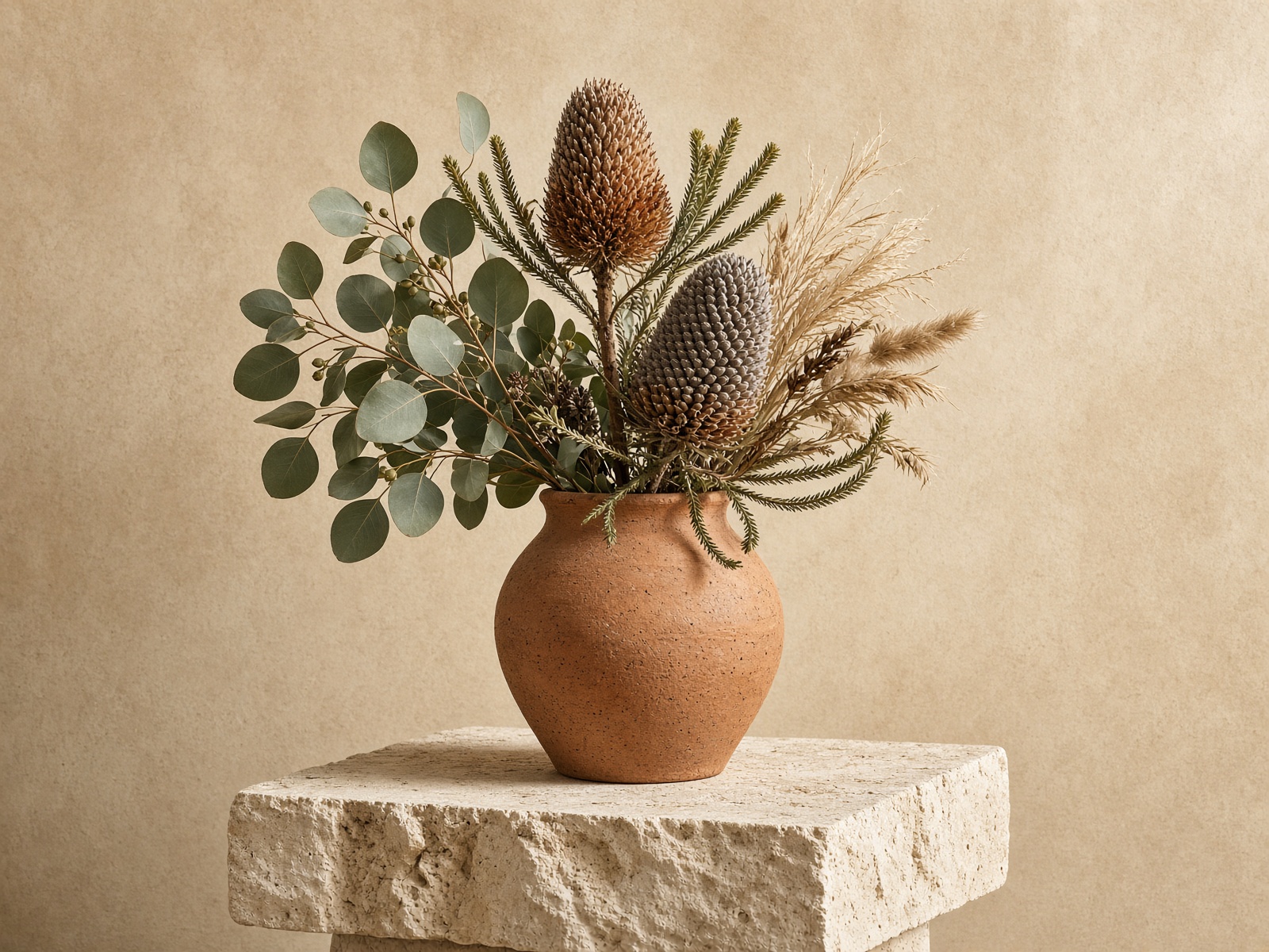 Native Australian botanicals in a terracotta vessel