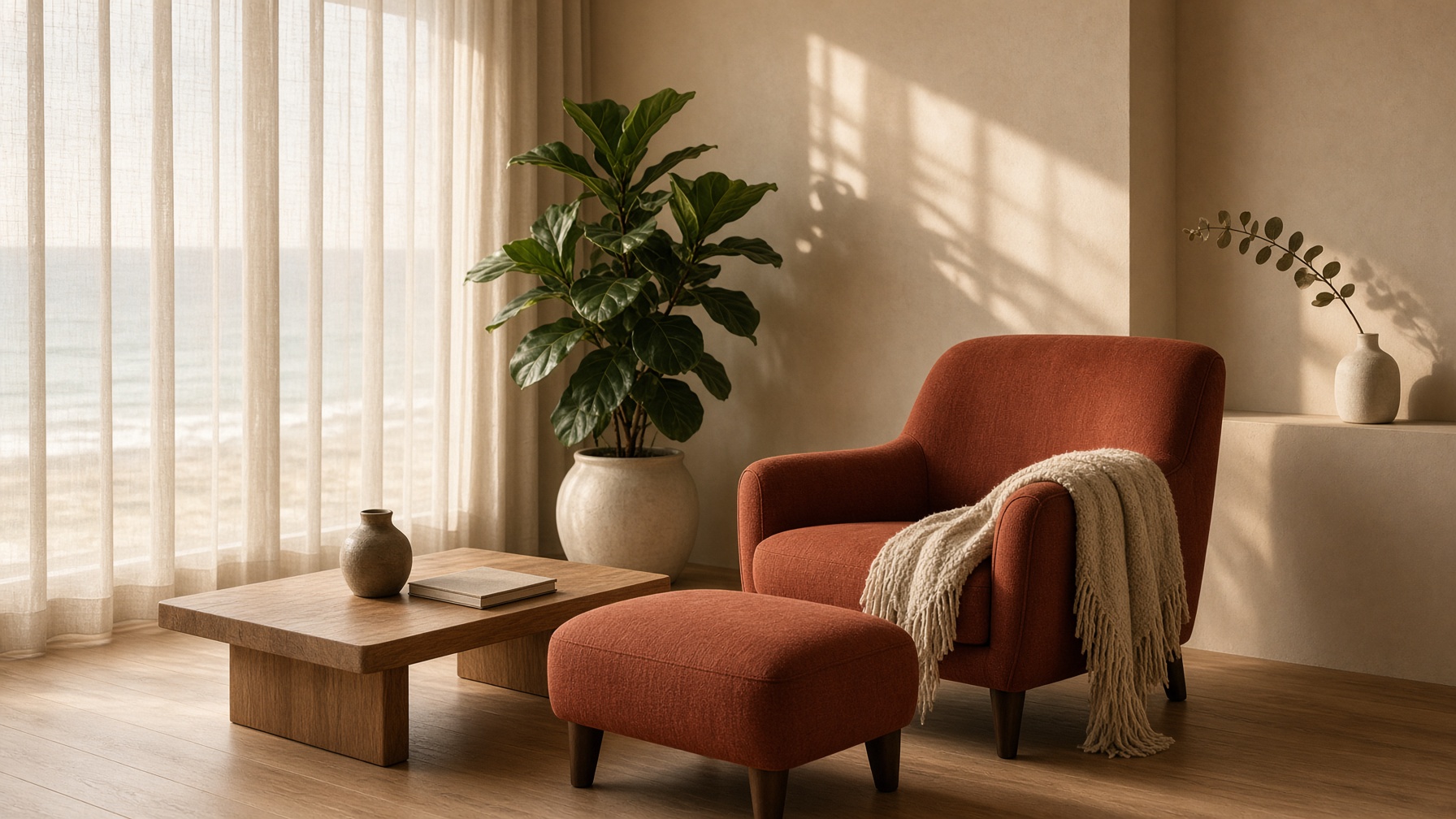A sunlit consulting room with a terracotta armchair and coastal light